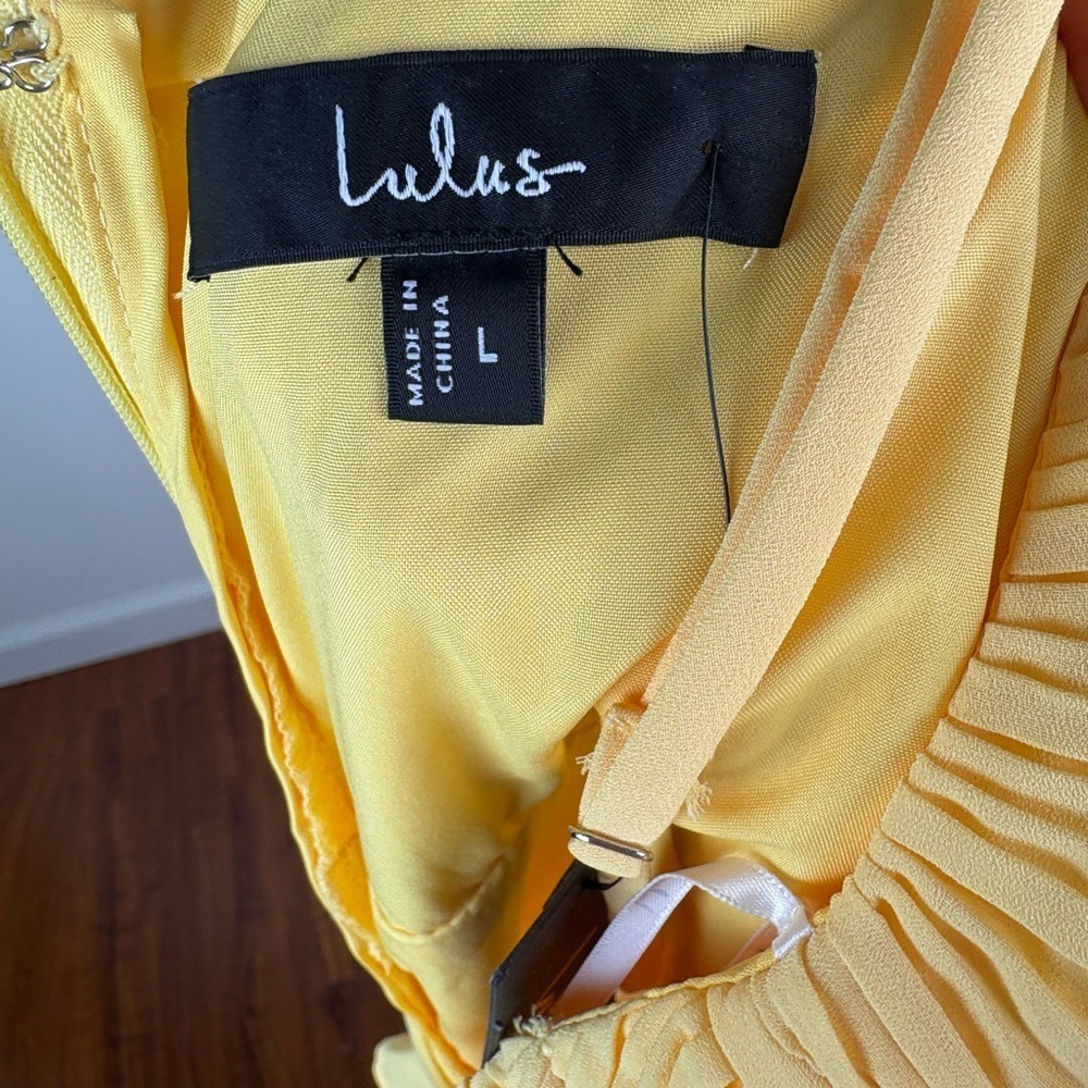 NWT Lulus Cascading Crush Butter Yellow Tiered Bustier Midi Dress - Size L - Picture 6 of 7